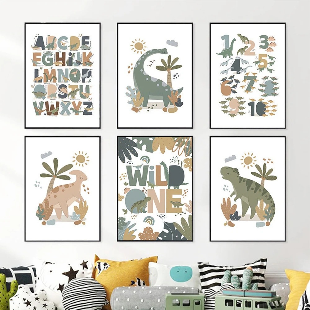 Kids Educational - Alphabet Numbers & More - Nordic Cute Baby Dinosaur Wall Art
