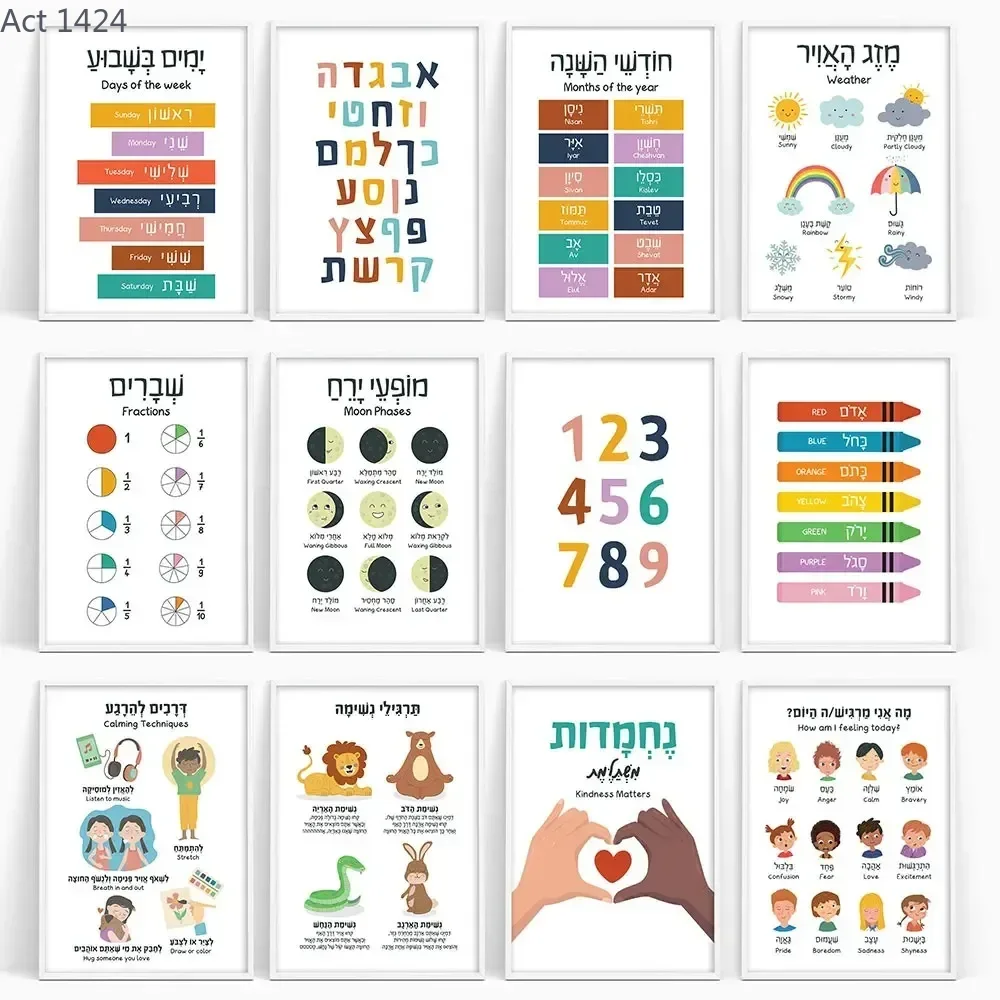Kids Educational - Alphabet Numbers & More - Canvas Painting Hebrew English Educational Posters